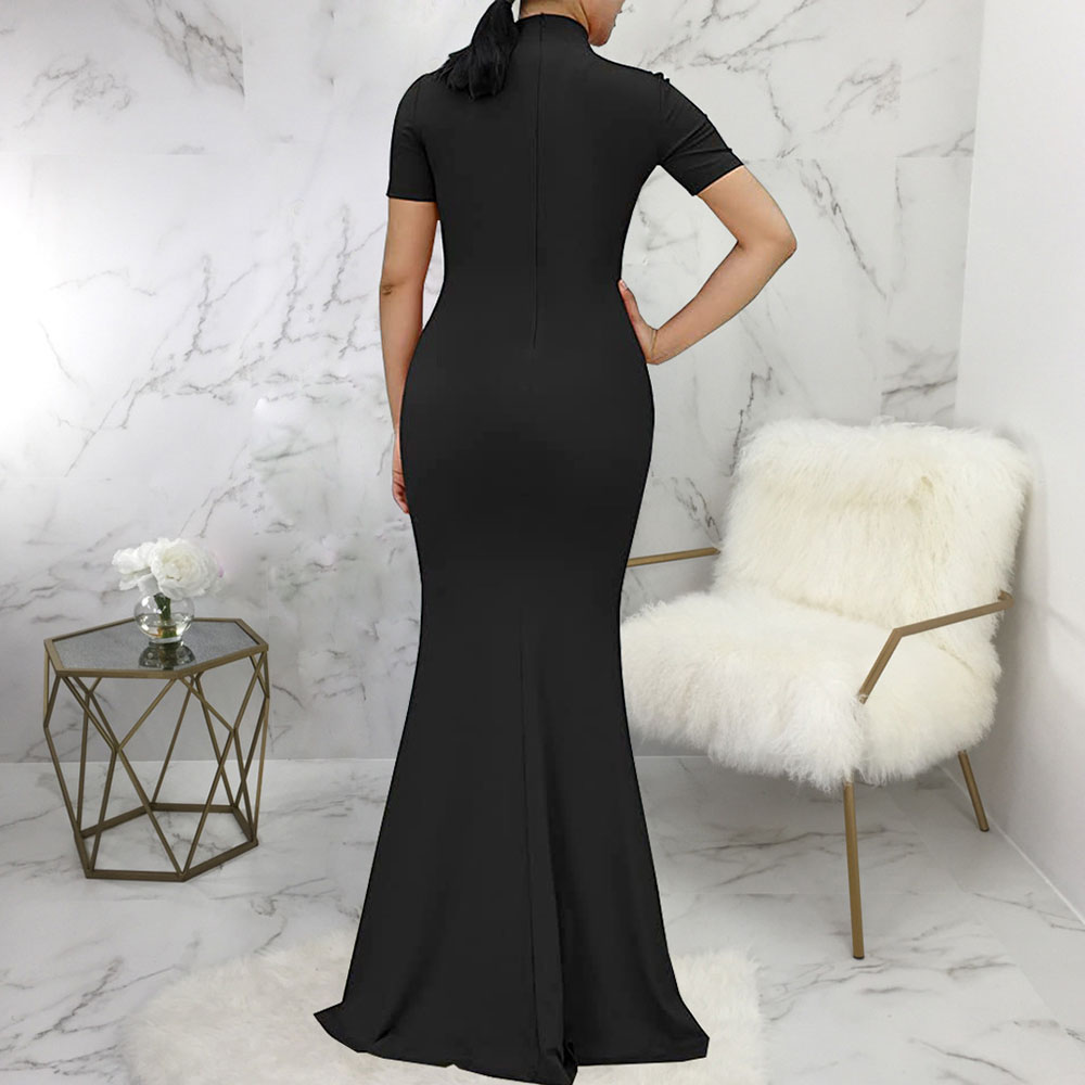 Bow Collar Floor-Length Short Sleeve Bowknot Plain Women's Dress
