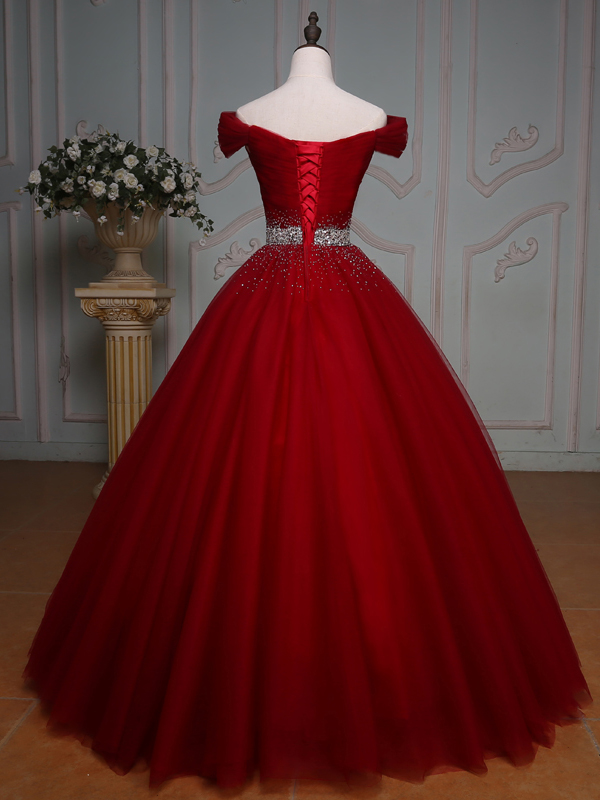 Off-the-Shoulder Pleats Ball Gown Beading Floor-Length Quinceanera Dress