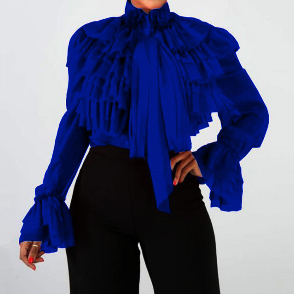 African Fashion Ruffles Front Sheer Plain Stand Collar Women's Blouse