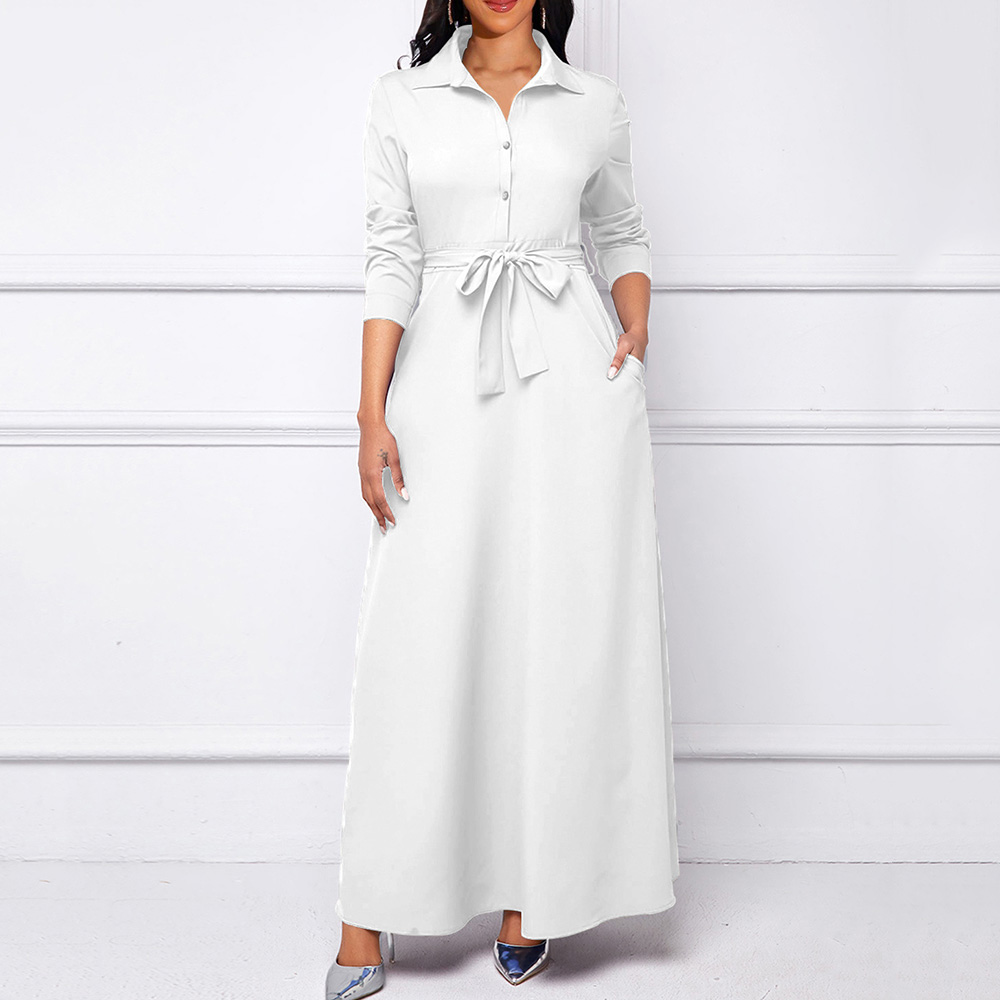 Lace-Up Floor-Length Lapel Long Sleeve Plain Women's Dress