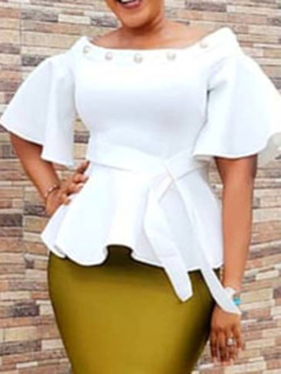 African Fashion Plain Flare Sleeve Off Shoulder Peplum Women's Blouse