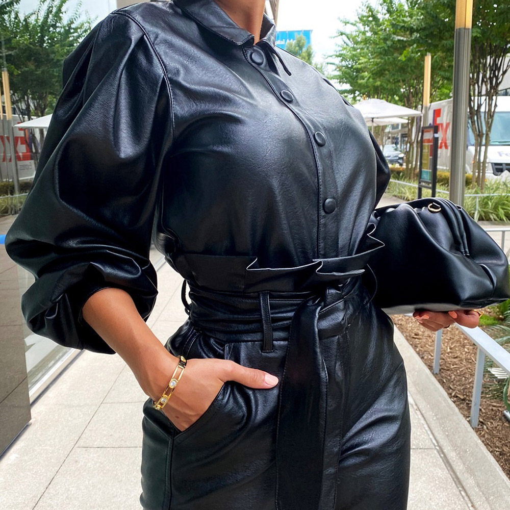 Leather Coat Pleated Sexy Plain Lapel Women's Two Piece Sets