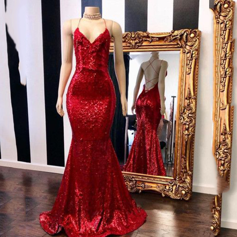 Spaghetti Straps Mermaid Red Sequins Evening Dress