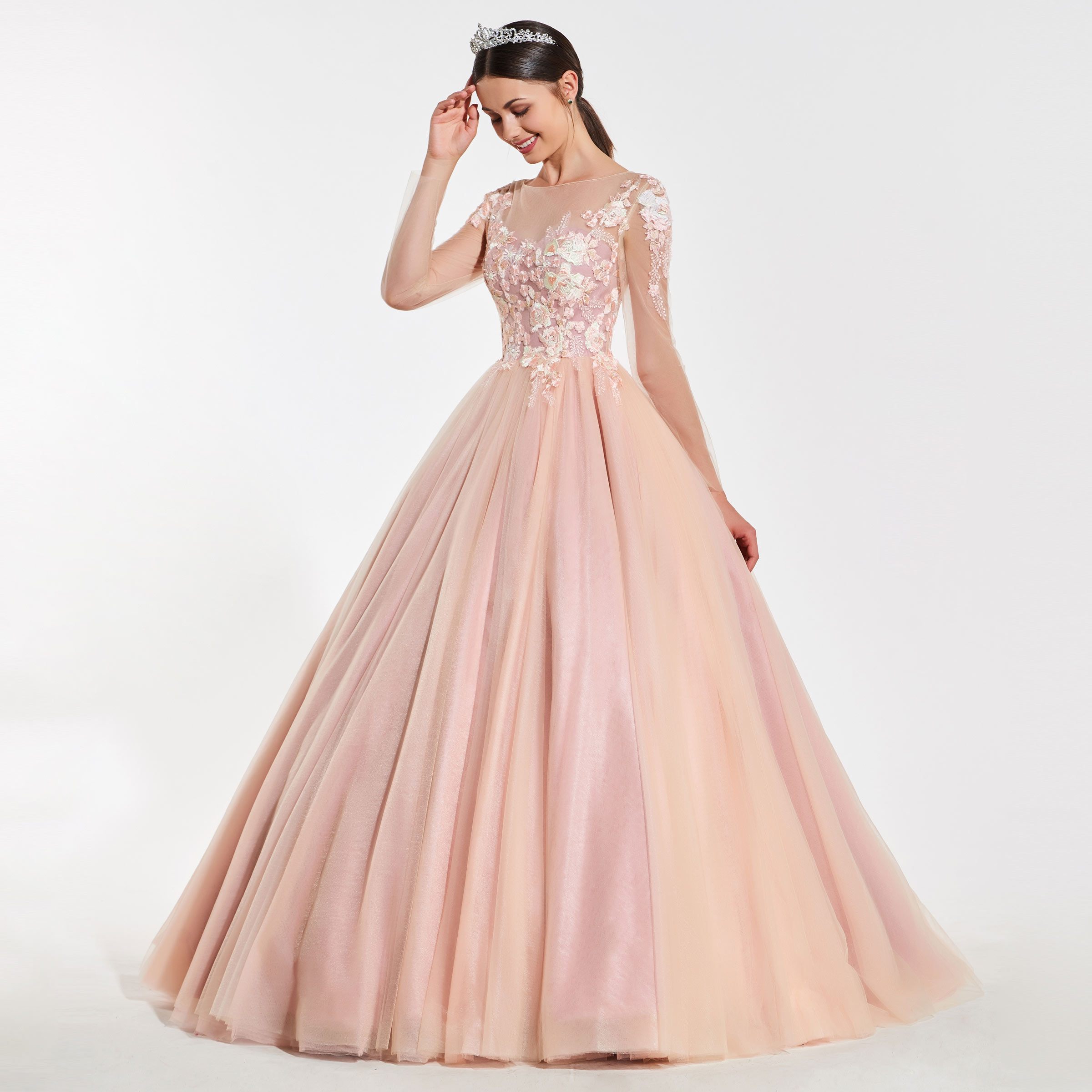 Illusion Neck Lace Appliques Long Sleeves Quinceanera Dress