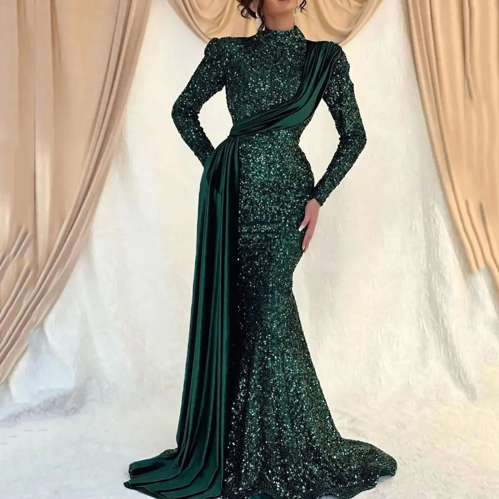 Vintage Long Sleeves Floor-Length Sequins Trumpet Evening Dress 2022