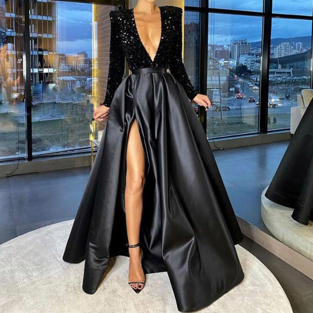 Sequins V-Neck Long Sleeves A-Line Evening Dress 2021