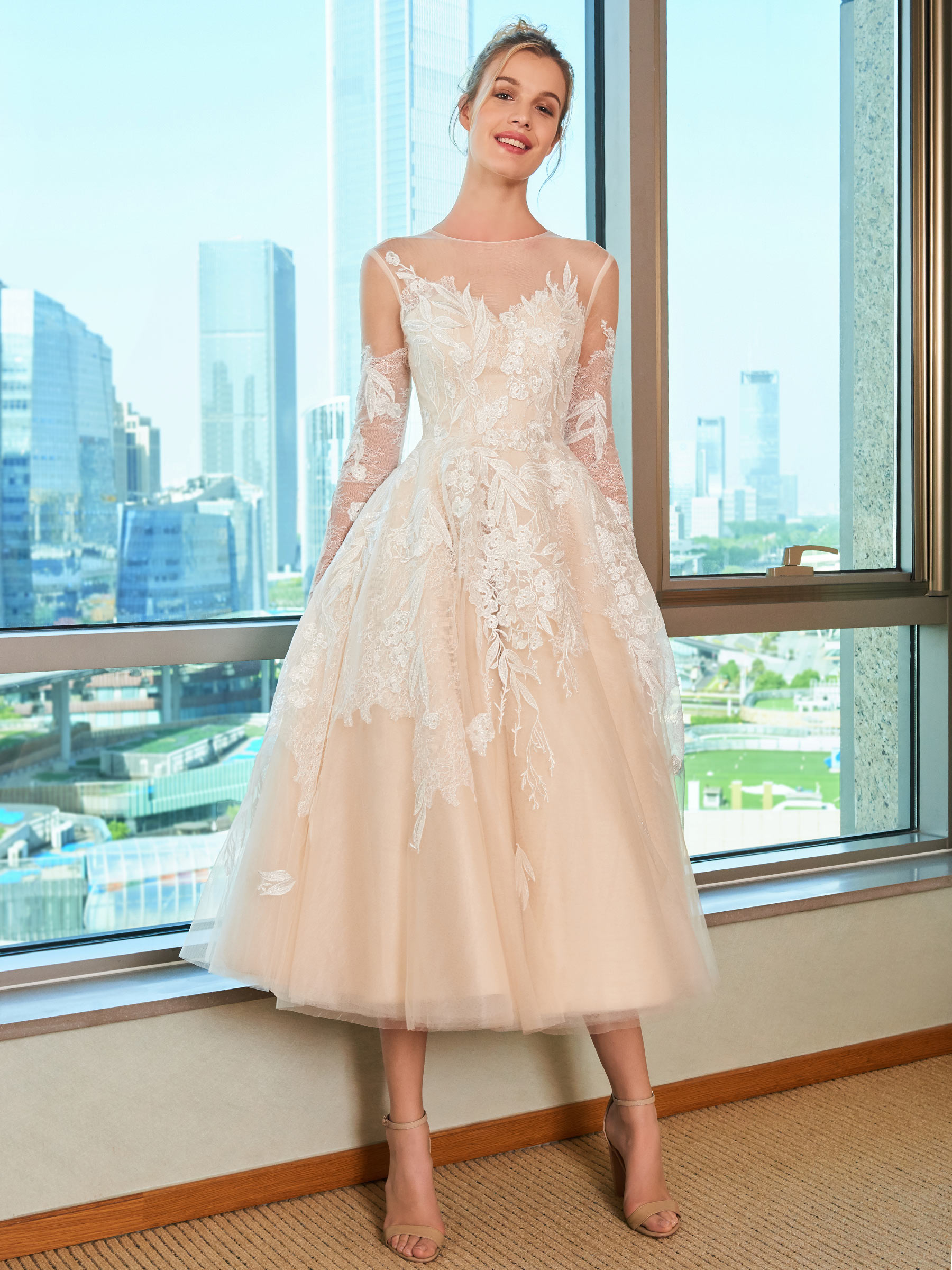 Lace Tea-Length Beach Wedding Dress with Long Sleeve