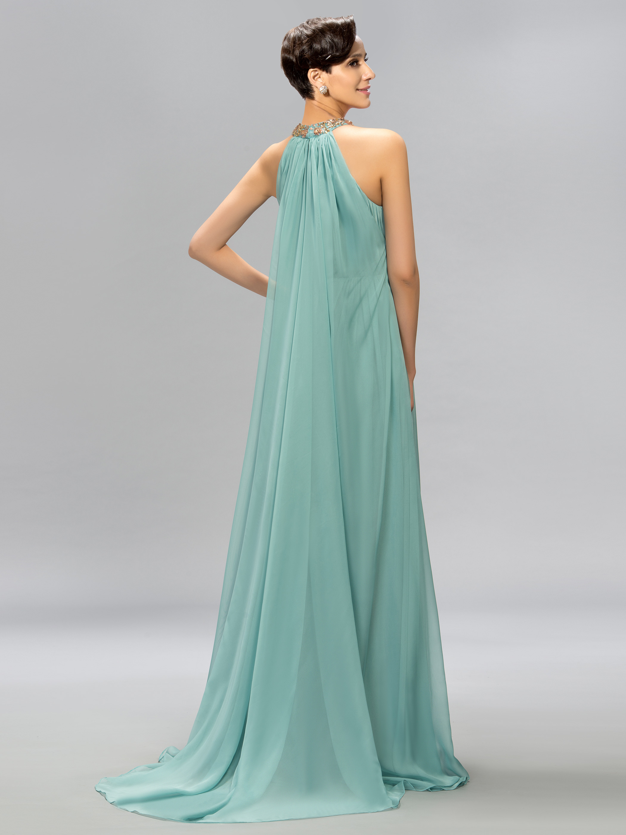 Beaded Halter Neck Ruffles Long Evening Dress