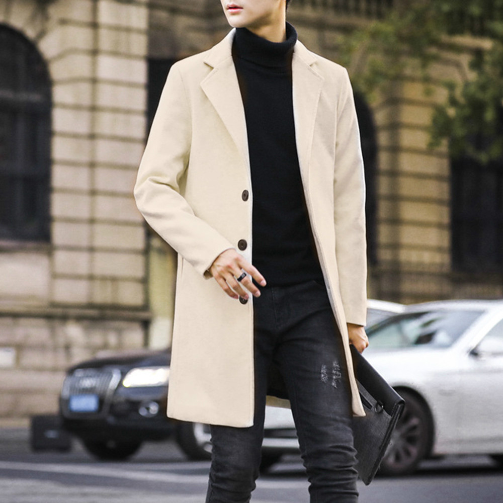 Korean Slim Lapel Mid-Length Plain Men's Coat
