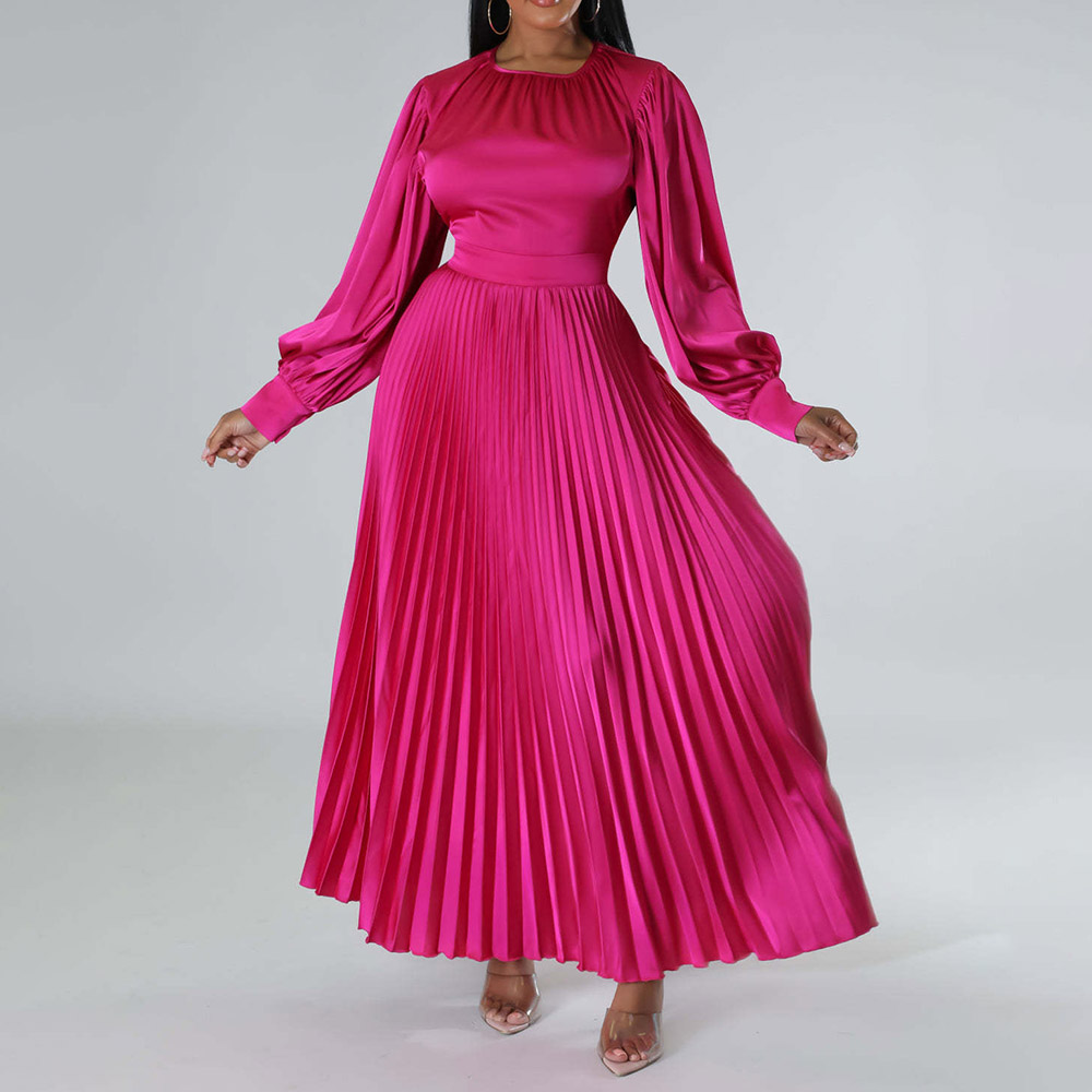 Round Neck Ankle-Length Pleated Long Sleeve Pleated Women's Dress