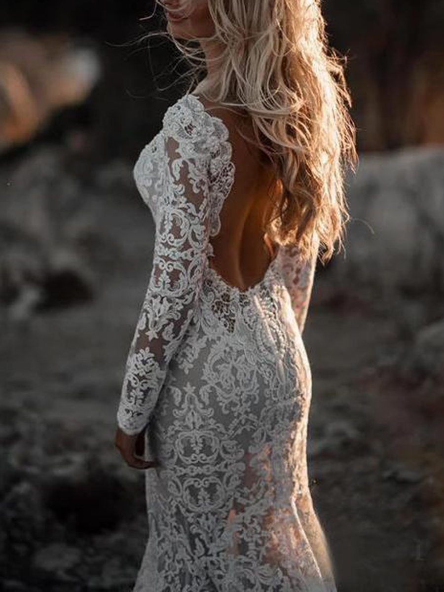 Long Sleeves V-Neck Lace Backless Boho Wedding Dress 2020