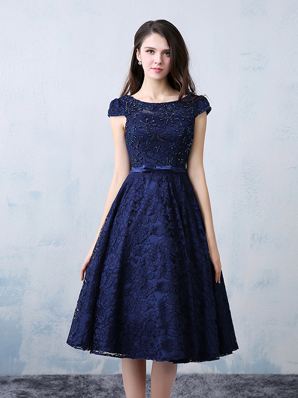 Cap Sleeve Beading Bowknot Knee-Length Lace Cocktail Dress