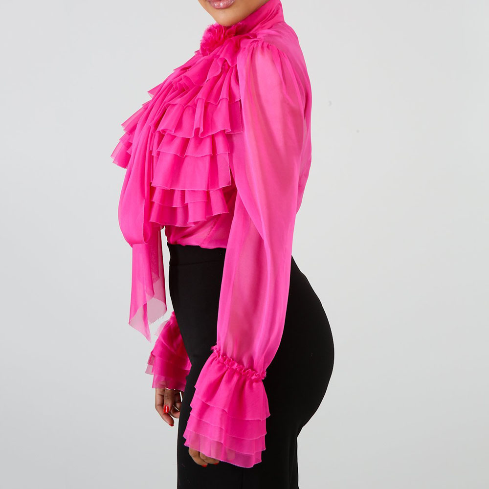 African Fashion Ruffles Front Sheer Plain Stand Collar Women's Blouse