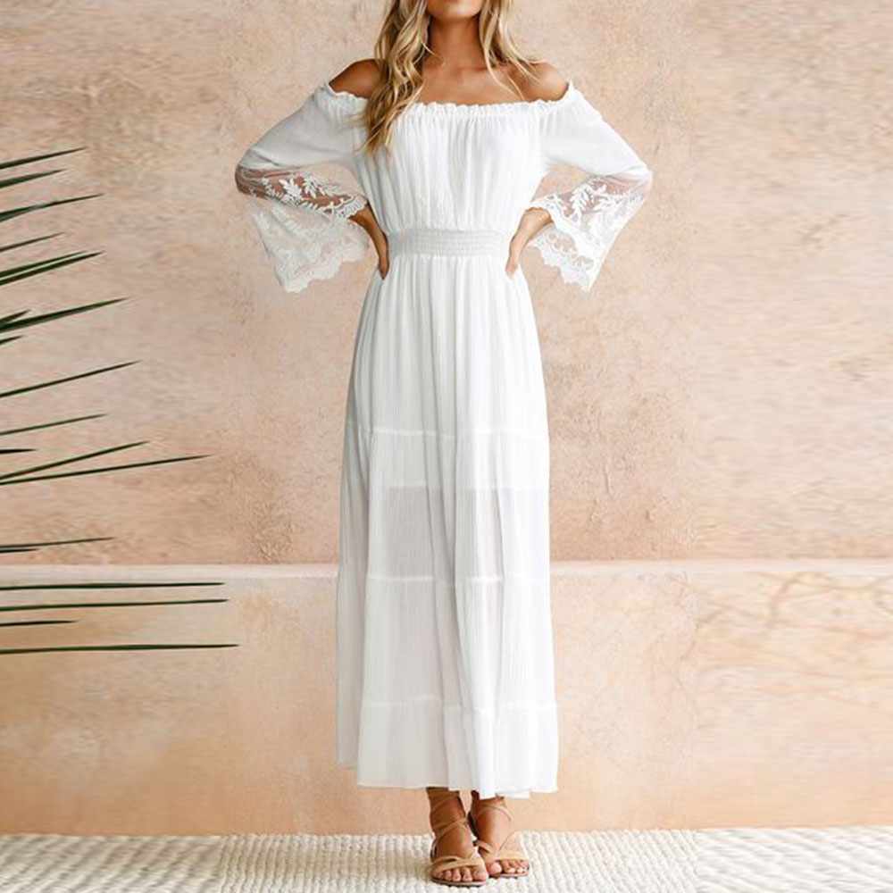 See-Through Off Shoulder Long Sleeve A-Line Women's Maxi Dress