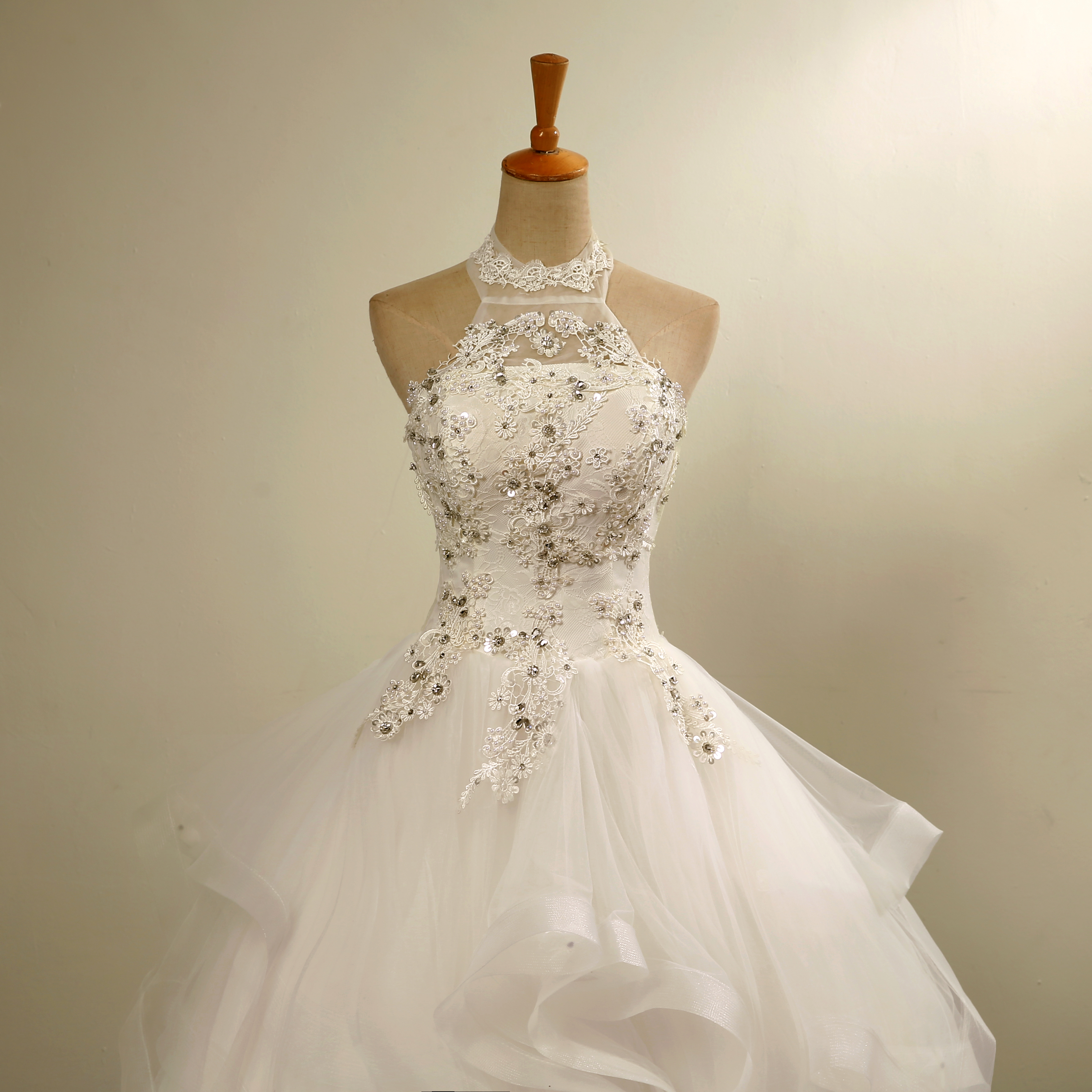 Halter Pearls Appliques Ball Gown Wedding Dress