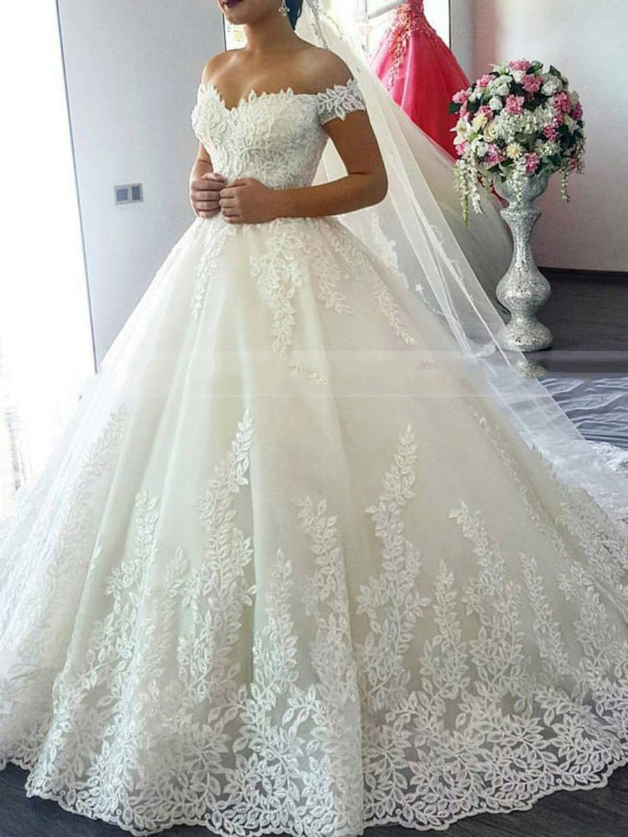Off the Shoulder Appliques Lace-Up Sweetheart Ball Gown Wedding Dress 2022