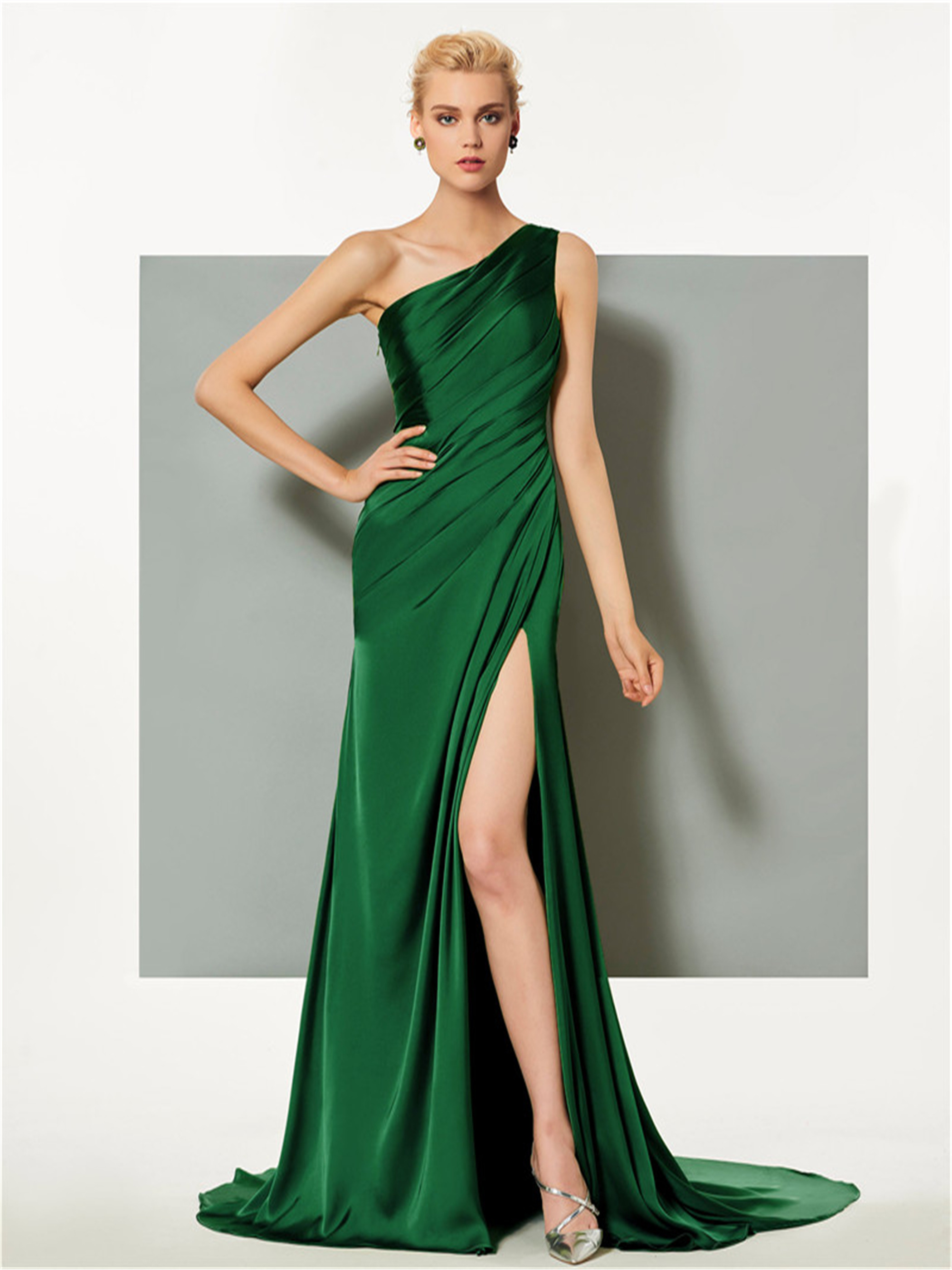One Shoulder Sleeveless Wedding Guest Dress Split-Front Pleats Green Evening Dress