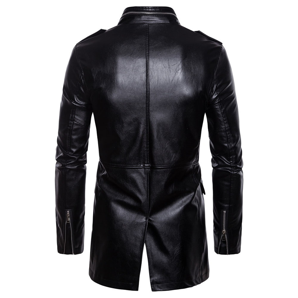 Stand Collar Plain Standard European Zipper Men's Leather Jacket