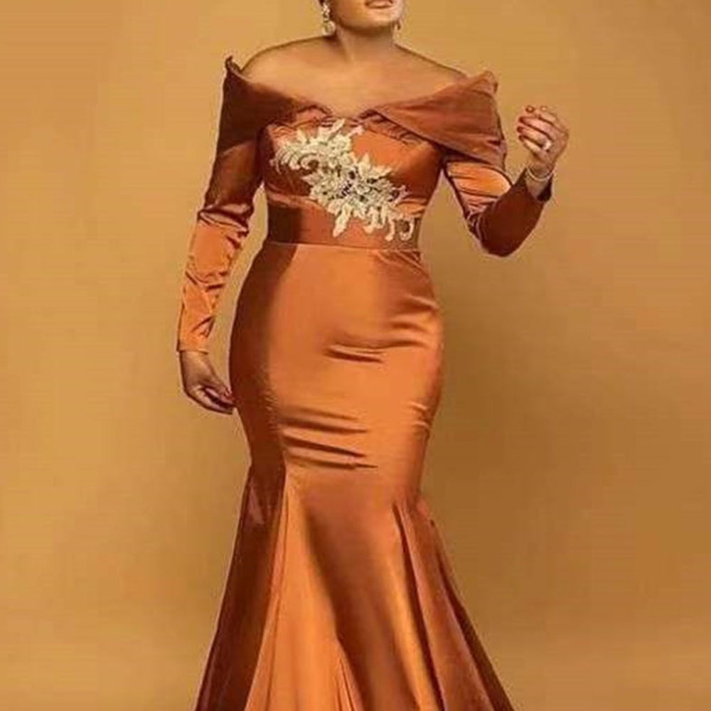 Floor-Length Off-The-Shoulder Long Sleeves Trumpet Celebrity Dress 2022