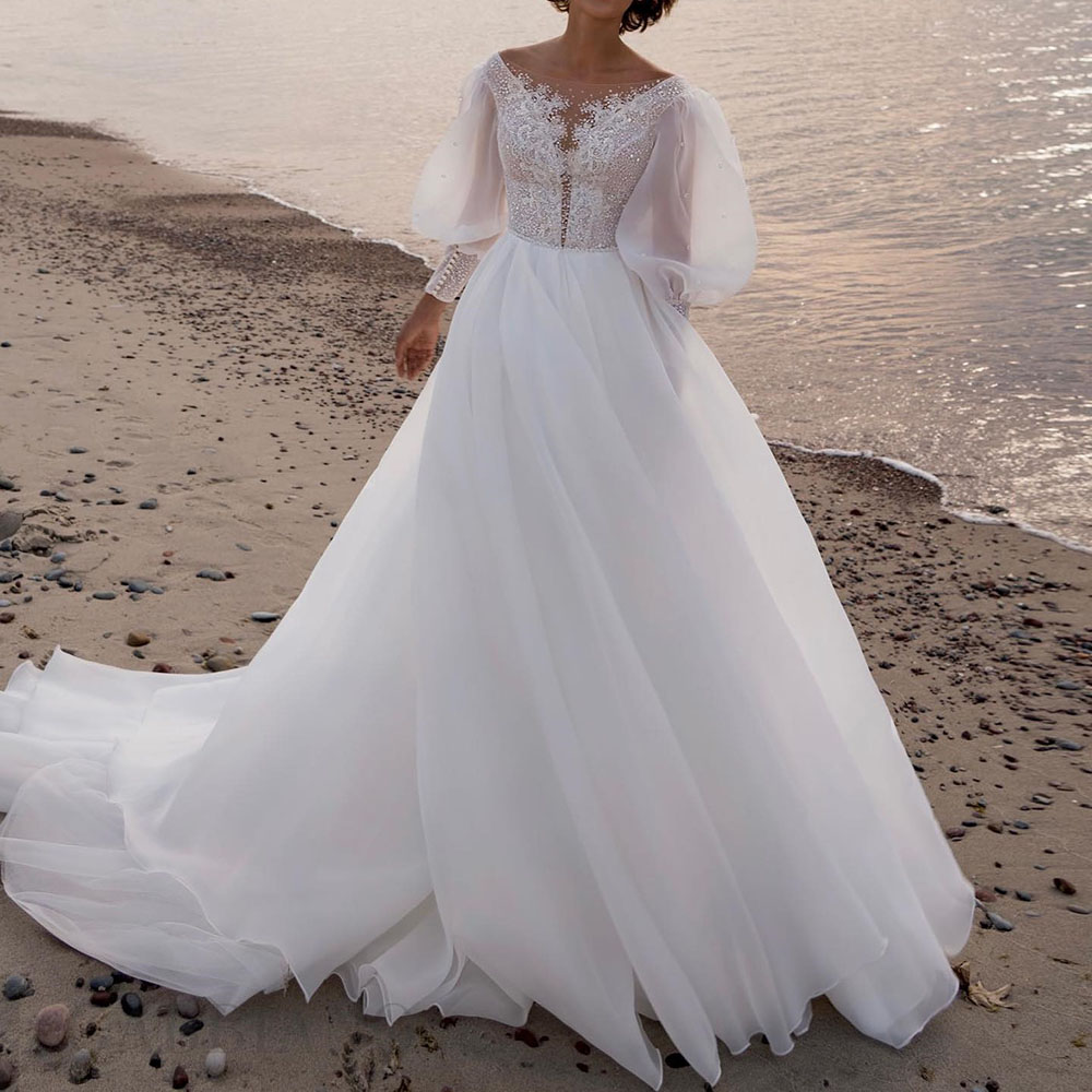 A-Line V-Neck Floor-Length Long Sleeves Hall Wedding Dress 2022