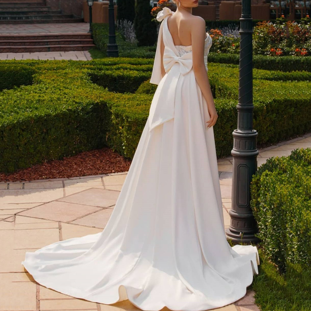 One Shoulder Bowknot Trumpet Floor-Length Hall Wedding Dress 2022