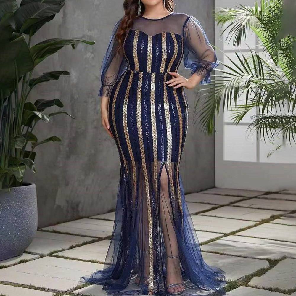 Scoop 3/4 Length Sleeves Floor-Length Sequins Formal Dress 2022