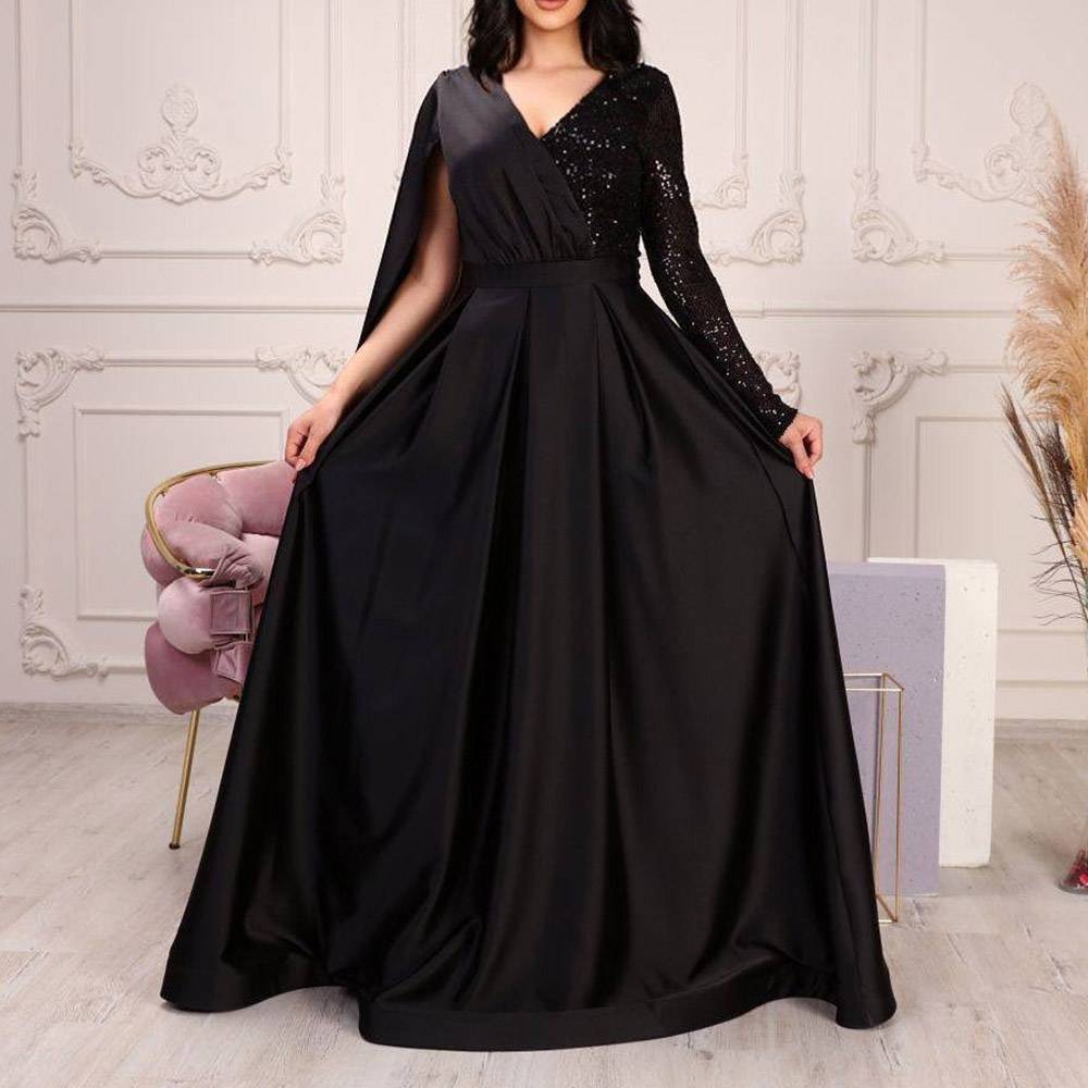 V-Neck Floor-Length Long Sleeves A-Line Chiffon Evening Dress 2022