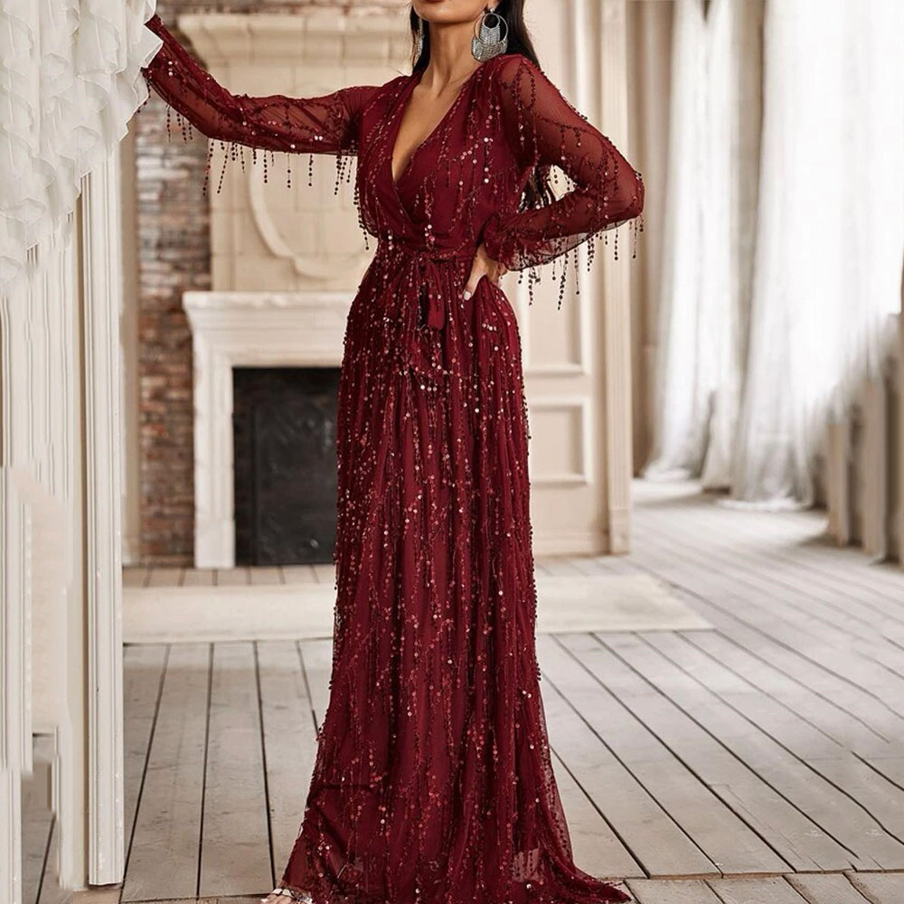 Long Sleeves A-Line V-Neck Floor-Length Formal Evening Dress 2022