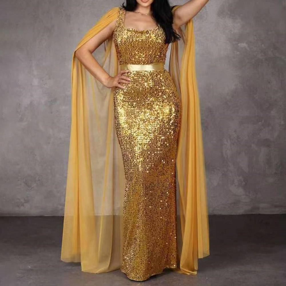 Long Sleeves Square Sequins Floor-Length Formal Dress 2022