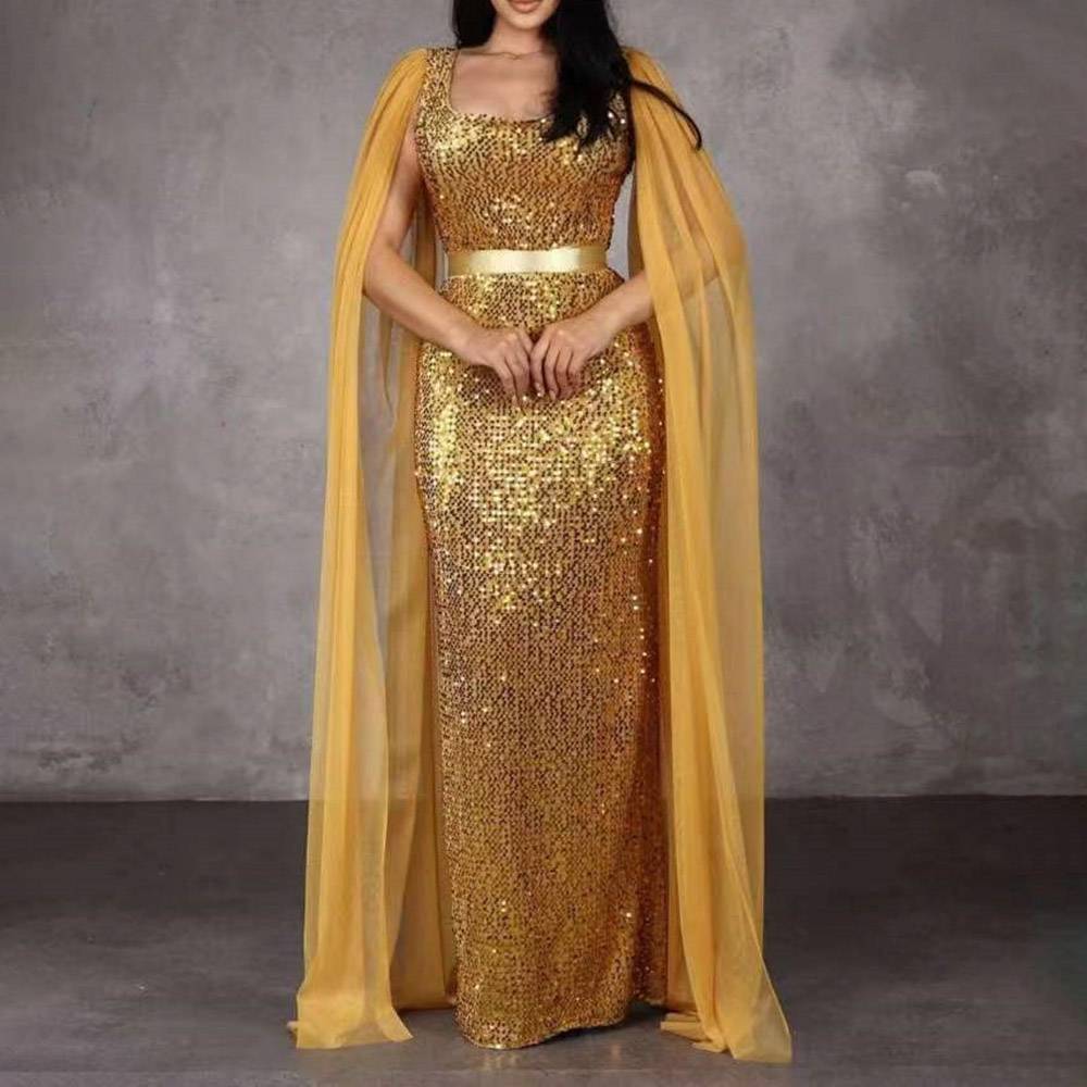 Long Sleeves Square Sequins Floor-Length Formal Dress 2022