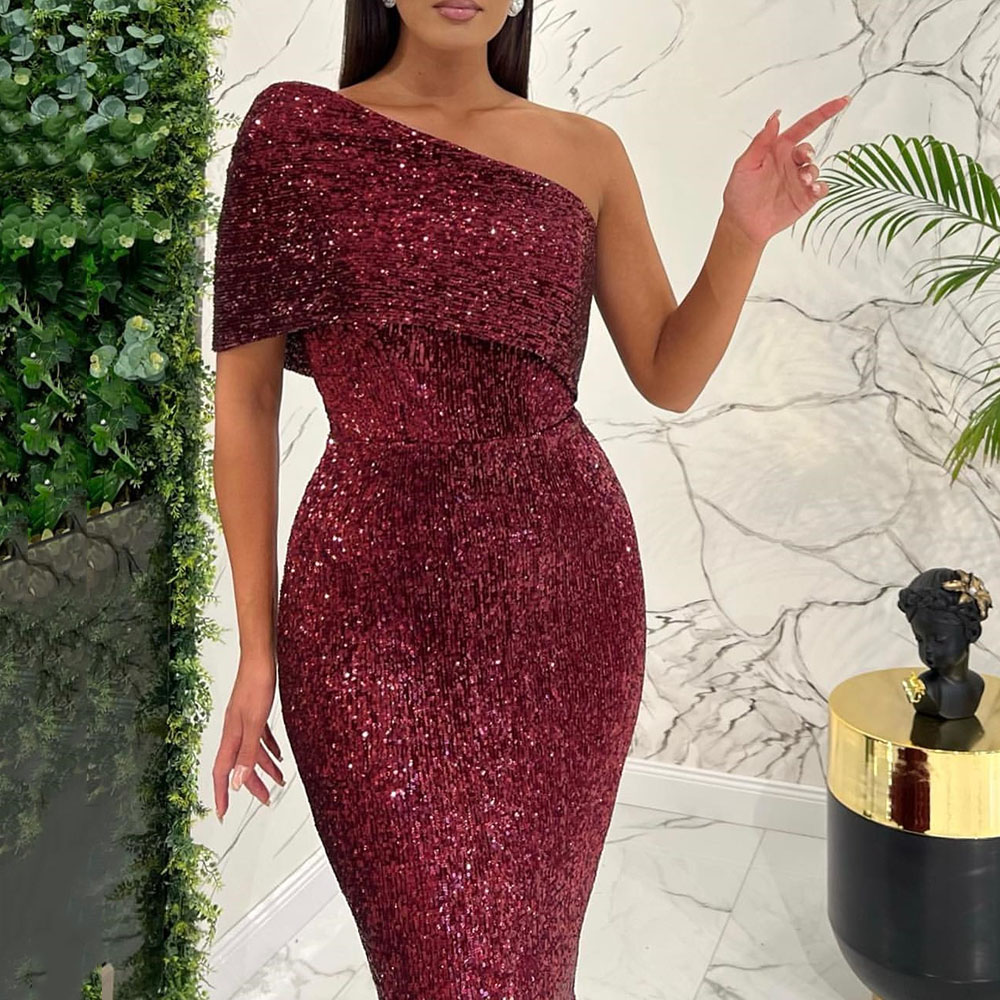 Short Sleeves One Shoulder Trumpet/Mermaid Sequins Celebrity Dress 2022