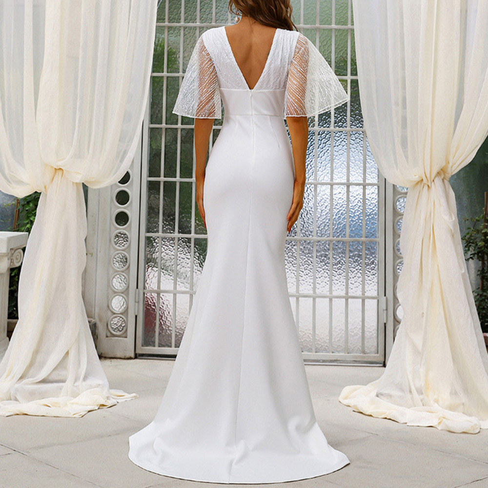 Trumpet Floor-Length Half Sleeves V-Neck Hall Wedding Dress 2022