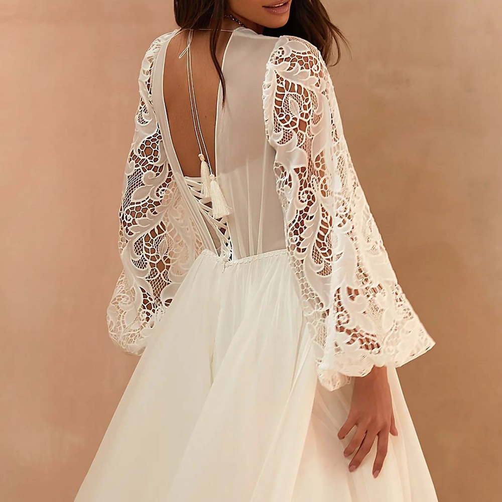 Long Sleeves Lace A-Line Floor-Length Boho Wedding Dress 2022