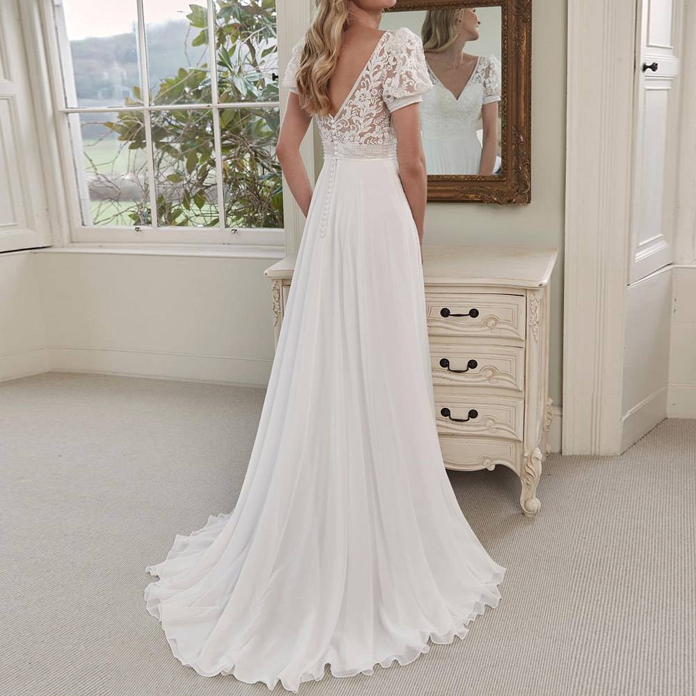 V-Neck A-Line Short Sleeves Floor-Length Hall Wedding Dress 2022