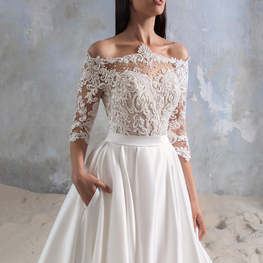 Off Shoulder A-Line Off-The-Shoulder Lace Sleeve Outdoor Wedding Dress 2022