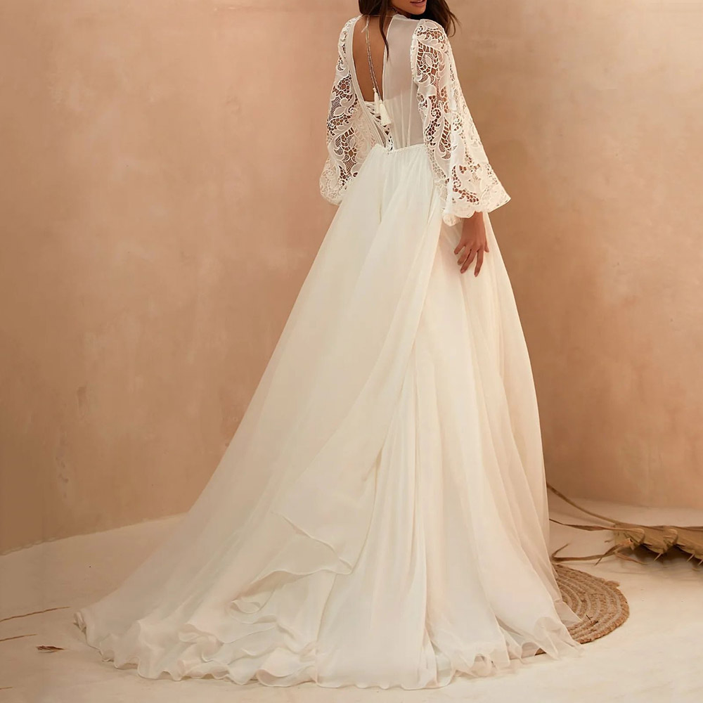 Long Sleeves Lace A-Line Floor-Length Boho Wedding Dress 2022