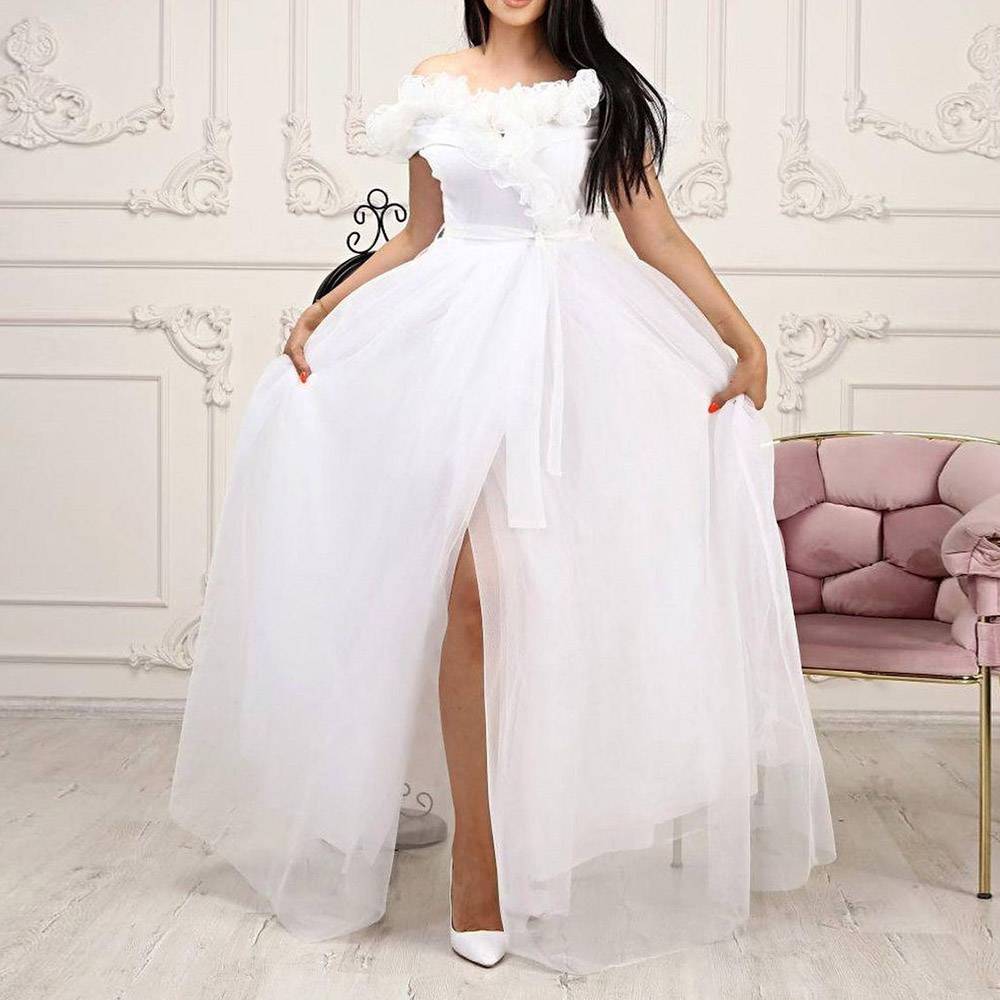 Short Sleeves Appliques Floor-Length Off-The-Shoulder Prom Dress 2022