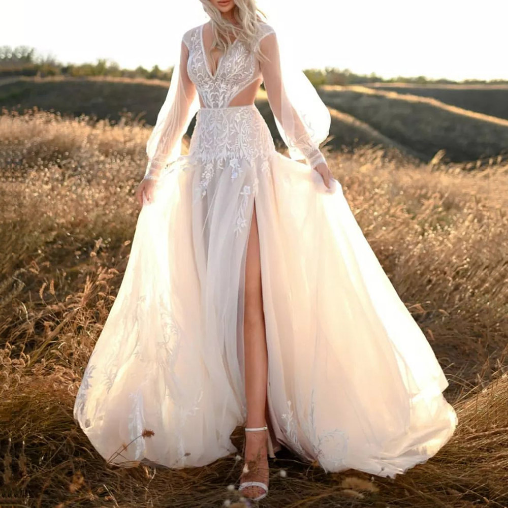 V-Neck Floor-Length Sequins A-Line Summer Outdoor Wedding Dress 2022