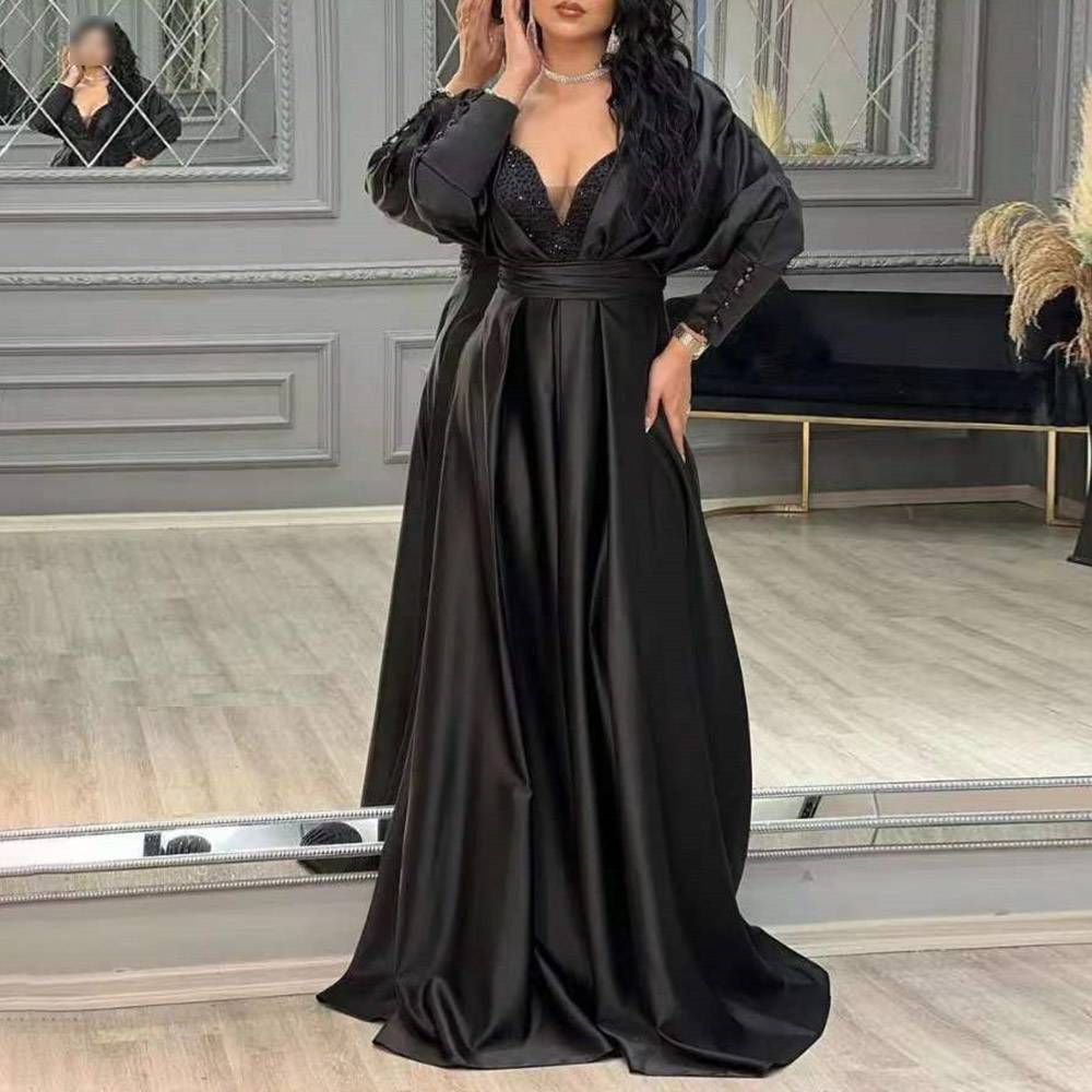 Floor-Length Long Sleeves V-Neck A-Line Evening Dress 2022