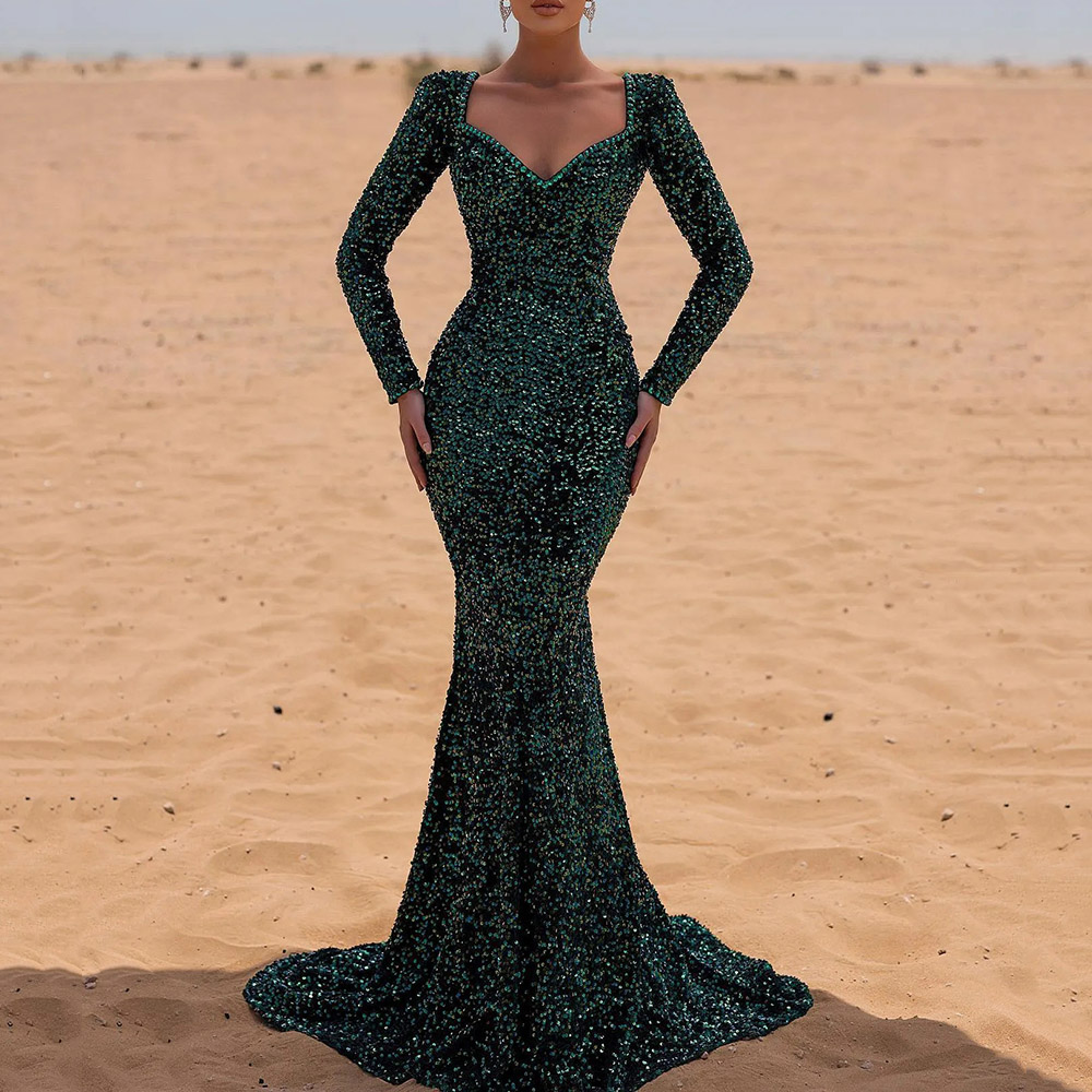 Long Sleeves Sequins Floor-Length V-Neck Mermaid Formal Evening Dress 2022