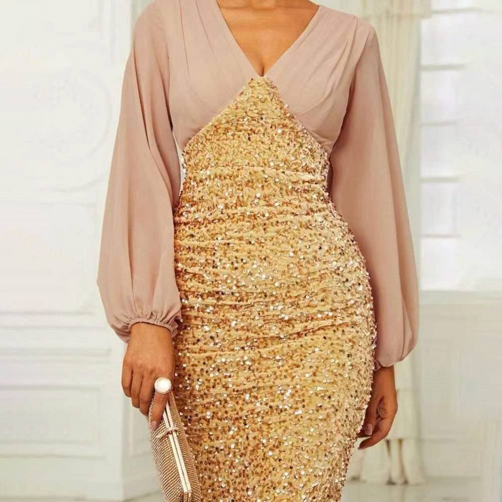 Sheath/Column Sequins V-Neck Floor-Length Evening Dress 2022