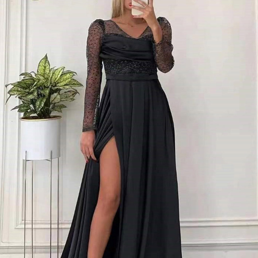 V-Neck Floor-Length Long Sleeves Split-Front Prom Dress 2022