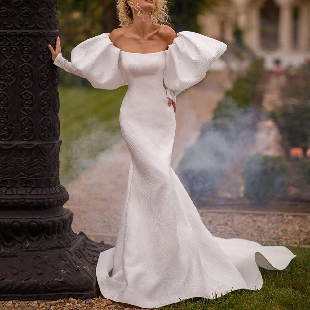 Long Sleeves Off-The-Shoulder Floor-Length Trumpet Outdoor Wedding Dress 2022