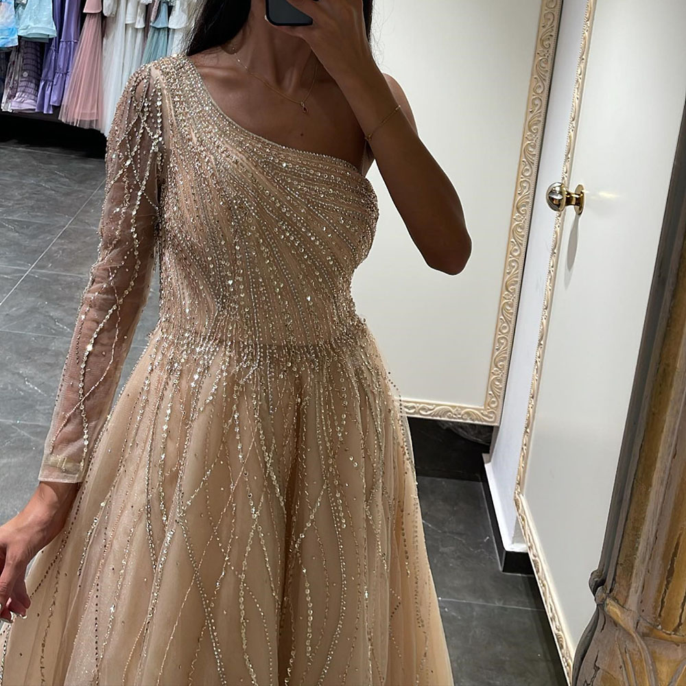 One Shoulder A-Line Long Sleeves Crystal Celebrity Dress 2022