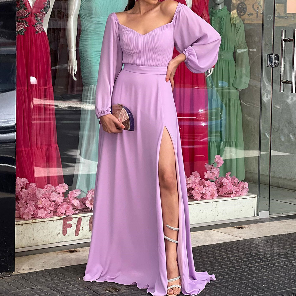 Long Sleeves A-Line Split-Front Floor-Length Prom Dress 2022