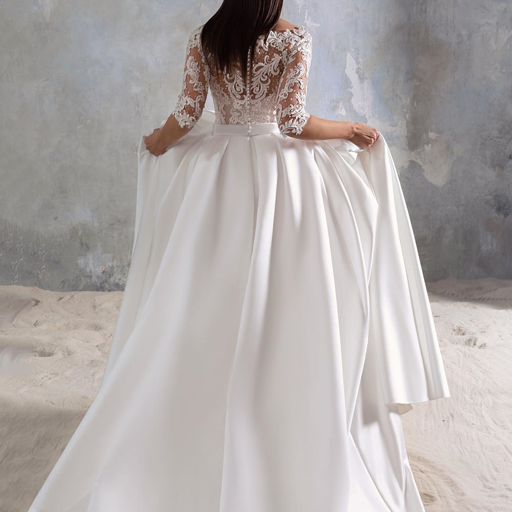 Off Shoulder A-Line Off-The-Shoulder Lace Sleeve Outdoor Wedding Dress 2022
