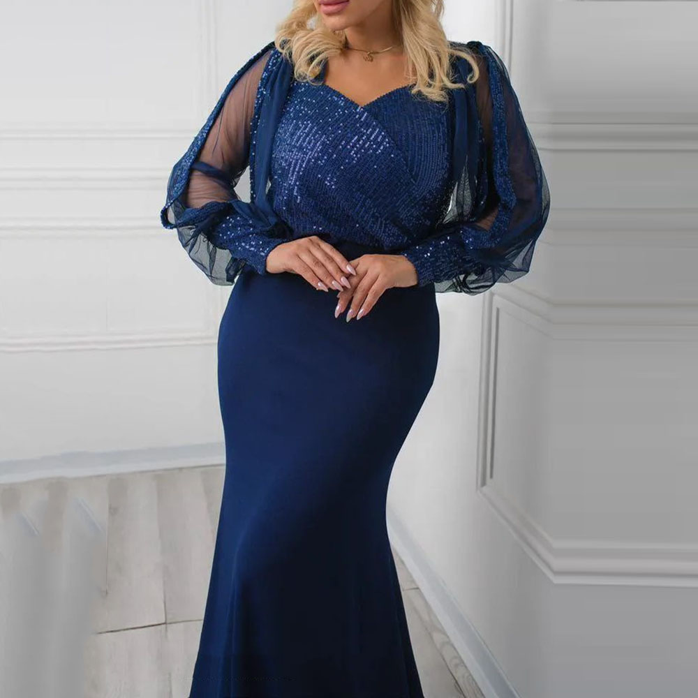 Trumpet Long Sleeves Floor-Length V-Neck Formal Dress 2022