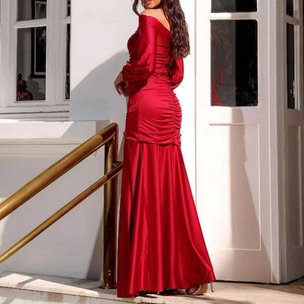 Off-The-Shoulder Split-Front Pleats Floor-Length Formal Evening Dress 2022