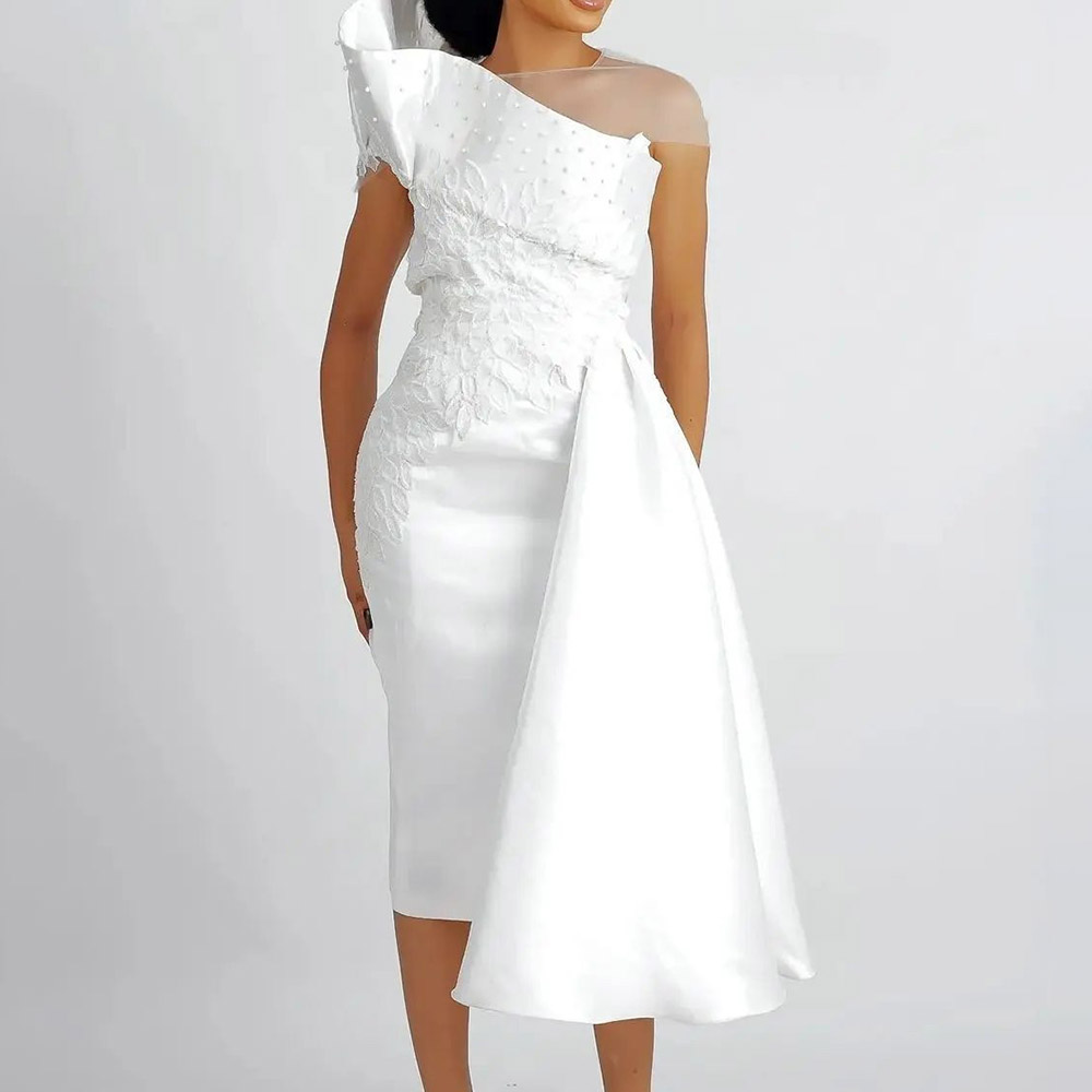 Tea-Length Short Sleeves Column Formal Dress 2022