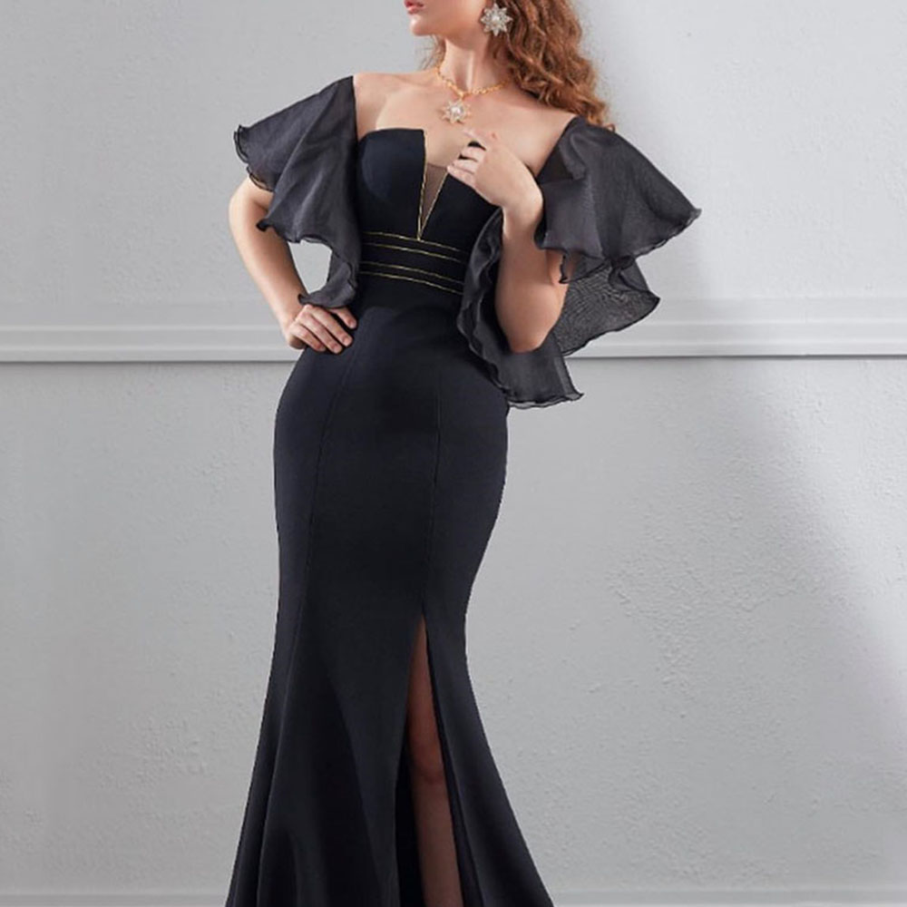 Floor-Length Ruffles Trumpet Short Sleeves Evening Dress 2022